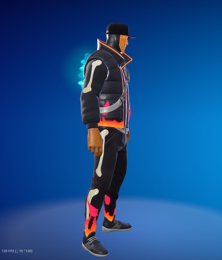 Estilo naranja de Críptico con chaqueta negra, llamas y huesos sobre la ropa.