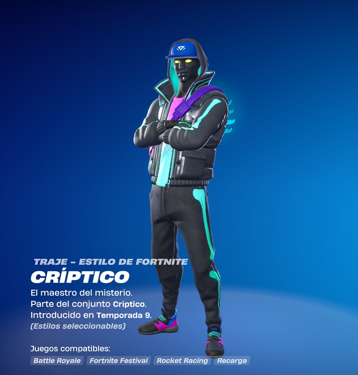 Skin Críptico de Fortnite con gorra, chaqueta negra y detalles de color turquesa.